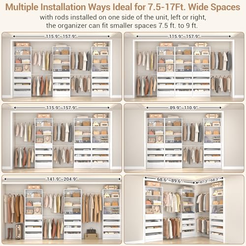 Aheaplus Closet System with 12 Drawers, 8.5-11.5Ft Wood Closet Organizer System with 4 Hanging Rods & 3 Towers, 4Ft & 6Ft L-Shaped Walk-in Closets Wardrobe Organizer Clothes Rack, Set of 3, White1 - color: White