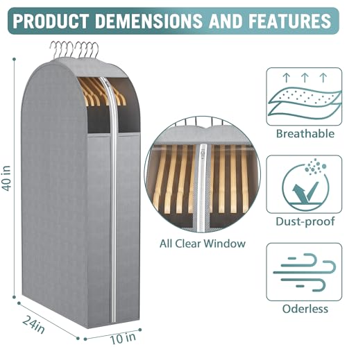 Liuoud 10" Gusseted Garment Bags for Hanging Clothes with Clear Window, 40" Suit Bags for Open Closet Storage, Clothing Cover for Coat, Dress, Jacket, Shirt, Fur Wardrobe Protector, 4 Packs - color: Grey with window, size: 40 inch