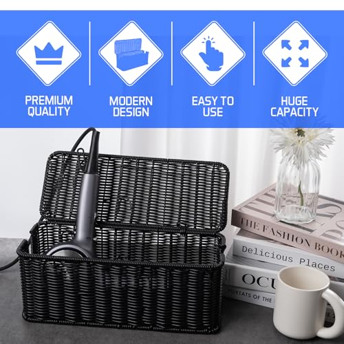 Cable Management Box, Handmade Rattan Cable Organizer with 2 Open Slots, Cord Hider for Power Strip, Router & USB Hub, Registered U.S. Design Patent (D1,112,102), 13" x 5.1" x 5.1", Black - color: Black, style: Rectangle
