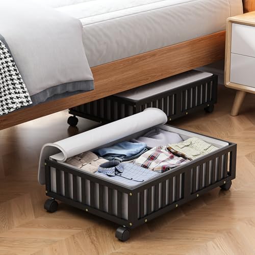 Bamboo Under Bed Storage Containers with Wheels, 2 Pack Under the Bed Shoe Storage Bins, Wood Rolling Underbed Drawers Organizer for Bedroom, Closet, Clothes Blanket Comforter and Under Crib Toy Black - color: Black, size: 2 PCS (23.62"×16.54")