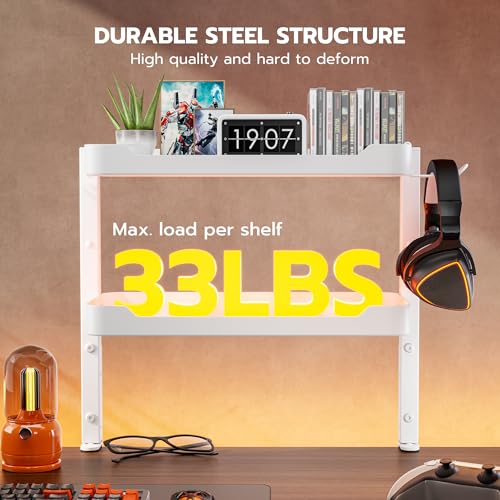 ARES WING 2-Tier Clamp On Desk Shelf, 16 inch Adjustable Above or Under Desk Storage Shelves Holds 66 lbs, Heavy Duty Desktop Organizer with Headphone Holder for Working and Gaming Accessories, White - color: White, size: Dual Shelf