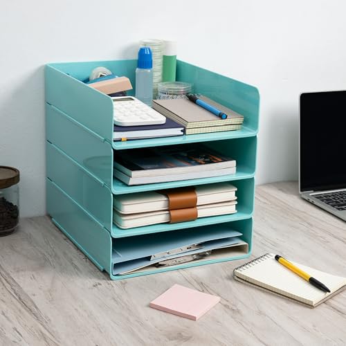 Tiawudi Desk Organizer, Office Organization and Storage, Plastic Letter Tray, Stackable File Organizer for Classroom, Home, Documents, Notes, Folders, Books and Pens, 4 Tier - color: Mint