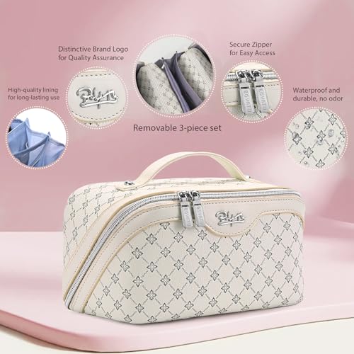 BOYATU Travel Makeup Bag Cosmetic Bags for Women: 3 Pcs Set Large Capacity Make up Bag with Handle - Vegan Leather Toiletry Bags with Compartments - Makeup Organizer for Travel Essentials(A-8-White) - color: A-8-White