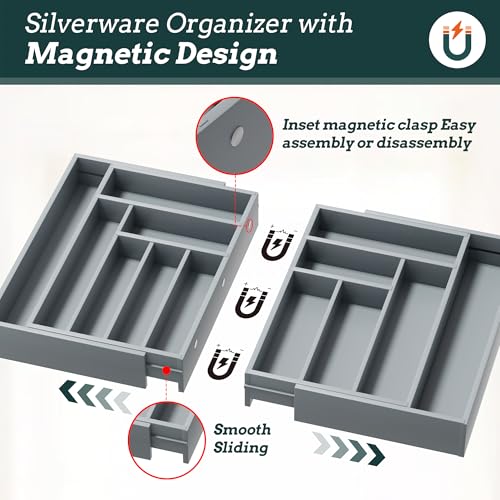 Silverware Organizer Large, Magnetic Connected Expandable 13 Slots Silverware Drawer Organizer from 21 to 37.4 Inches, Adjustable Flatware and Cutlery Holder, Bamboo Utensil Tray for Kitchen Gray - color: Gray, size: 13 Slots