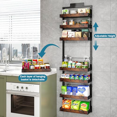 BUKFEN 8-Tier Over the Door Pantry Organizer, 2-in-1 Door Hanging or Wall Mounted Spice Rack, Heavy Duty Metal Storage Shelves with Adjustable Wooden Baskets for Kitchen Bathroom Closet - color: Black pole wood color, size: 8 Tier