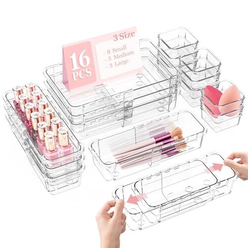 DILIBRA 16 Pcs Clear Extendable Drawer Organizer, Adjustable Drawer Storage 3-Size Desk Drawer Organizer, Plastic Non-Slip Storage Bins for Makeup, Cosmetic, Jewelries, Utensils, Stationery, Dressers - size: 3Pcs Large + 5Pcs Medium + 8Pcs Small