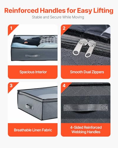 VEVOR Under Bed Storage with Clear Lids, 39.2 x 19.7 x 7.1 Inch, 90L Large Underbed Clothes Storage Containers, Low Profile Under Bed Drawer Shoe Organizer Bins Box for Blanket Shoe Bedroom, 4 Pack