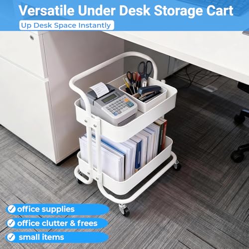 2 Tier Cart with Wheels Under Desk Storage with Handle, Metal Rolling Pantry Cart for Kitchen White Small Rolling Basket for Laundry Room Bathroom, Utility Shelf Organizer for Small Space - color: C-white