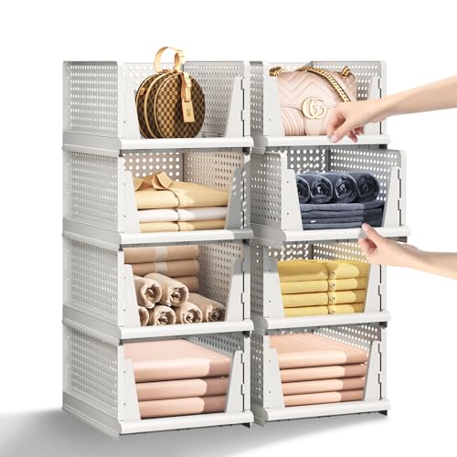 5 Packs Stackable Plastic Storage Basket for Closet Foldable Closet Organizers and Storage Bins for Shelves Storage Drawer Container for Clothes, Wardrobe, Pantry, 5L - color: White