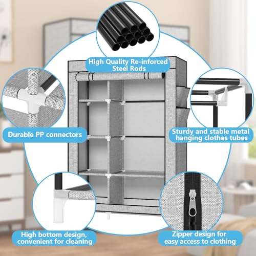 Calmootey Portable Closet Organizers, Clothing Storage, Wardrobe with 6 Shelves and Hanging Rod, Non-Woven Fabric Cover with 4 Side Pockets, Ash Grey - color: Ash Grey