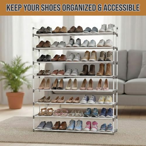 Home-Complete Shoe Rack - 8-Tier Shoe Organizer for Closet, Bathroom, Entryway - Shelf Holds 40 Pairs Sneakers, Heels, Boots (White) - color: White, size: 8-Tier