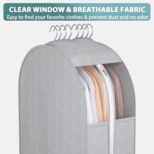 Liuoud 10" Gusseted Garment Bags for Hanging Clothes with Clear Window, 32" Suit Bags for Open Closet Storage, Clothing Cover for Coat, Dress, Jacket, Shirt, Fur Wardrobe Protector, 4 Packs - color: Grey with window, size: 32 inch