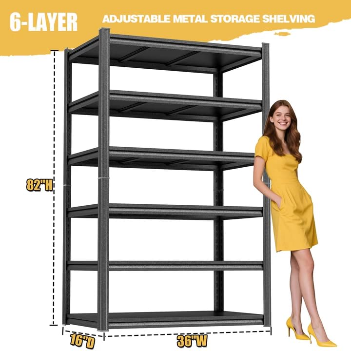 Heavy Duty Garage Shelving, 6-Tier Metal Storage Shelves, 3600LBS, 82" H Adjustable Industrial Rack, Steel Utility Shelf Unit for Warehouse, Garage, Basement, Kitchen, 36" W x 16" D x 82" H - size: 36"W x 16"D x 82"H