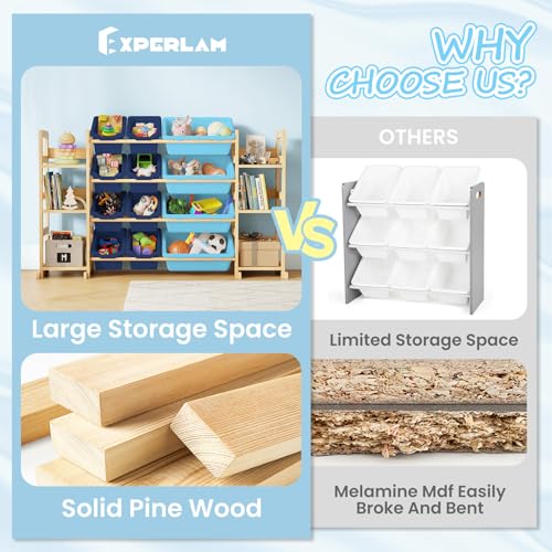 EXPERLAM Extra Large Toy Storage - Toy Storage Organizer, Wooden Toy Organizer with 6 Side Shelves and 12 Bins, 3-in-1 Bookshelf for Kids Rooms, Bedroom, Playroom, Nursery, Blue - color: Blue, size: 52 inches (L) x 11 inches (W) x 31.5 inches (H)