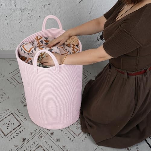XUANGUO Cotton Rope Laundry Basket Hamper for Clothes Woven Storage Basket for Living Room Bedroom Boho Tall Rope Baskets for Blanket Toys Pillow Towels Baby Nursery Hamper Bin Large light pink - color: pink, size: Large