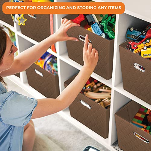 FH Group JIAessentials 13" Faux Leather Foldable Storage Cube Bins Set of 2 – Brown Diamond Patterned Organizers with Handles for Closet & Shelves - color: Brown, size: Large