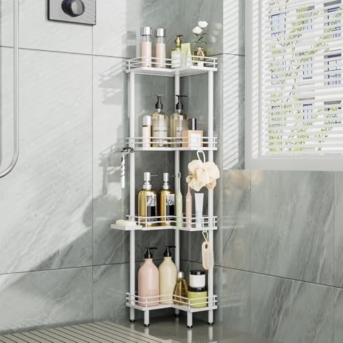 Consumest Corner Shower Caddy Standing - 4-Tier Stainless Steel Shower Organizer with Soap Holder and 4 Hooks, Large Capacity Corner Shelf Stand for Bathroom, Rest Room, White - color: White, size: 4 Tier