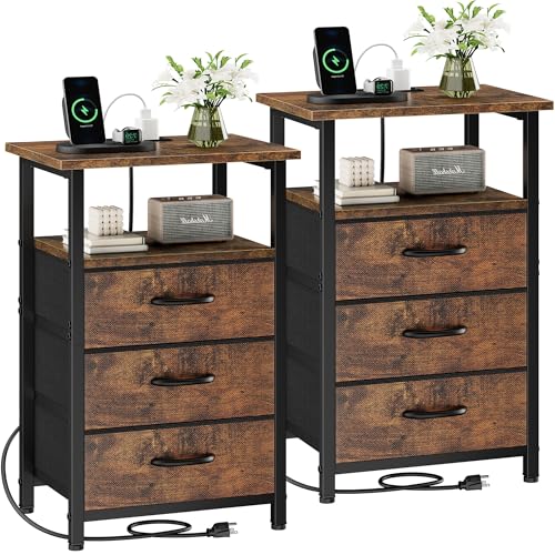 Vagusicc Nightstand Set of 2 with Charging Station, Bedside Table with USB Ports & Outlet, Side End Table with 3 Fabric Drawers & Storage Shelf, Bed Side Table Night Stand for Bedroom, Rustic Brown - color: Rustic Brown, size: 2 Pieces, style: Ordinary