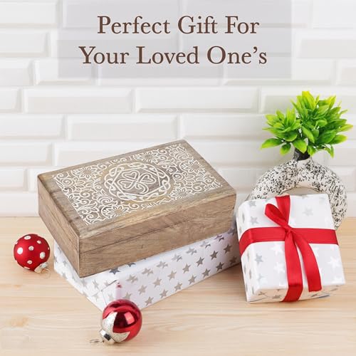 Ajuny Mango Wood Jewelry Box – Hand-Carved Celtic Knot Keepsake/Memory Box, Decorative Trinket & Treasure Chest Organizer, Handmade Gift for Women & Men, Travel Friendly, 8x5 Inch - style: Center Flower Des