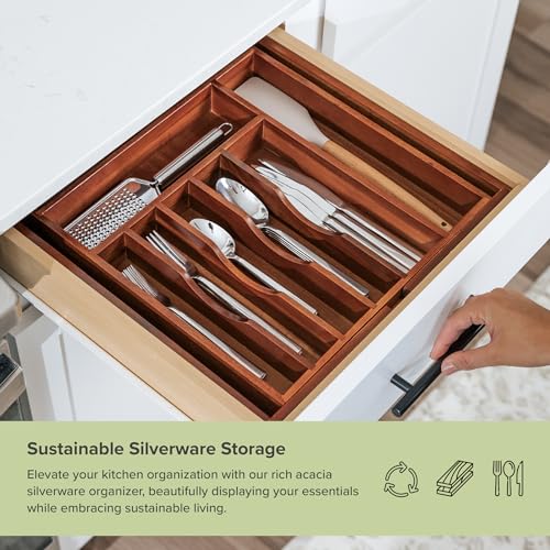 KitchenEdge Premium Silverware, Flatware and Utensil Organizer for Kitchen Drawers, Expandable 14.5 to 25 Inches Wide, 10 Compartments, Food-Safe Premium Acacia Wood Finish Kitchen Storage Tray - color: Natural Acacia, size: From 14.5" to 25" wide