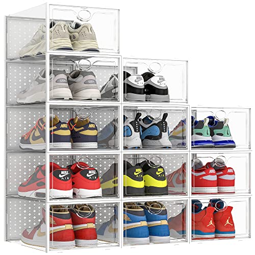 Pinkpum XXL Larger Shoe Storage Boxes Fit Size 14, Clear Plastic Stackable Shoe Organizer 12 Pack Sneaker Storage for Sneakerheads Shoe Containers - color: White, size: 12 Pack XX-Large