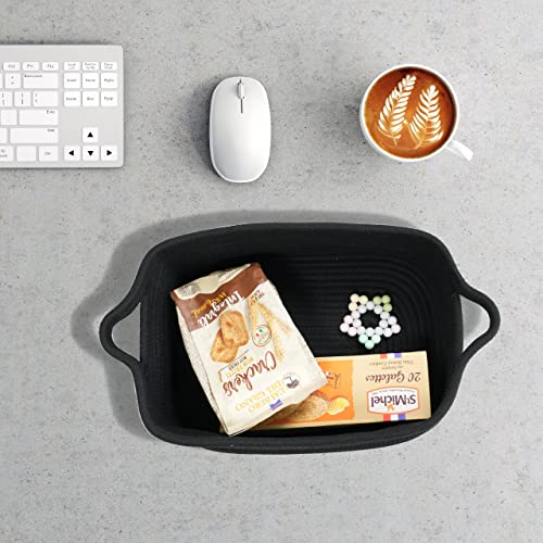Woven Cotton Rope Storage Basket with Handles for Organizing Shelves Closet Small Cat Dog Pet Toy Basket Box Bin Decorative Rectangle Baby Nursery baskets Gift Baskets Empty Black - color: black