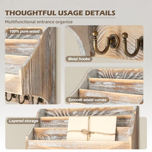 Rebee Vision Pine Wood Rustic Key Holder Wall Mount - Farmhouse 3-Tire Mail Holder with 6 Key Hooks - Multifunctional Wall Organizer for Haning Office Papaer (Natural) - color: Natural