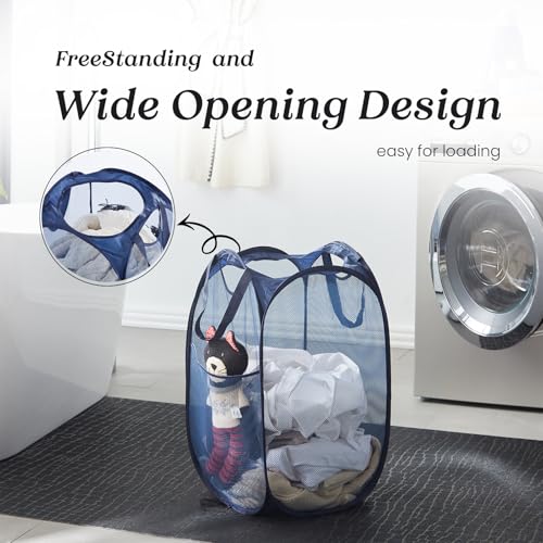Collapsible Pop Up Laundry Basket, Hamper with Sturdy Handles and Side Pocket - Mesh Portable Foldable Dirty Clothes Hamper for Dorm, Laundry room, Bathroom and Travel Storage, Navy Blue - color: Blue, size: 1 Pack