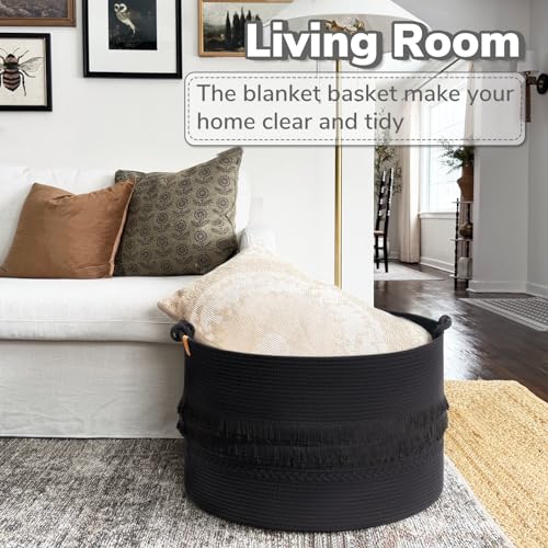 CherryNow 22"x22"x14" Large Blanket Basket, Home Décor for Living Room Bedroom, Boho Decorative Laundry Basket for Clothes, Baby Toy Storage, Black - color: Black, size: 83L (22"W x 14"H)