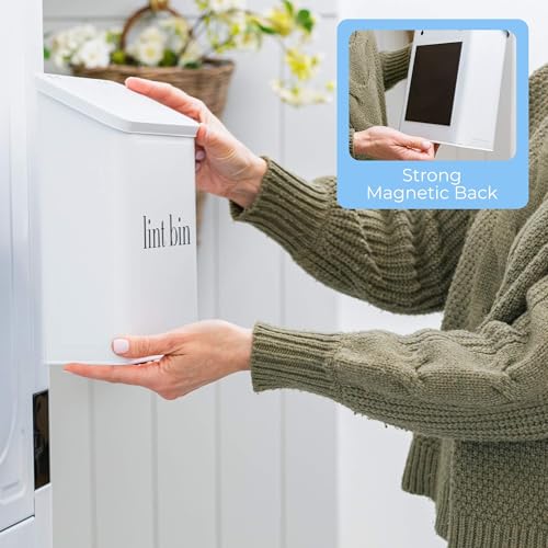 Magnetic Laundry Lint Bin for Dryer | Wall-Mounted Small Trash Can for Laundry Room | Includes Magnetic Hook & Lint Brush | Space-Saving Magnetic Laundry Trash Can | Matte White - color: Matte White