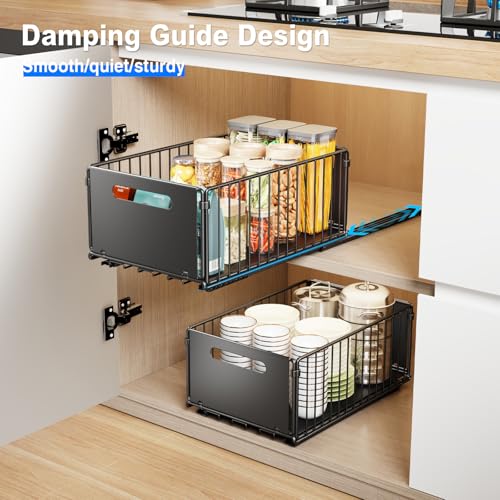Mustorn 2 Pack Pull Out Cabinet Organizer, Slide Out Drawers for Cabinets, Peel and Stick, Heavy Duty Shelves for Kitchen, Cupboard, Pantry, Bathroom (14.76" D*9.65" W*7.87" H-Black) - color: Black, size: 14.76"D*9.65"W*7.48"H