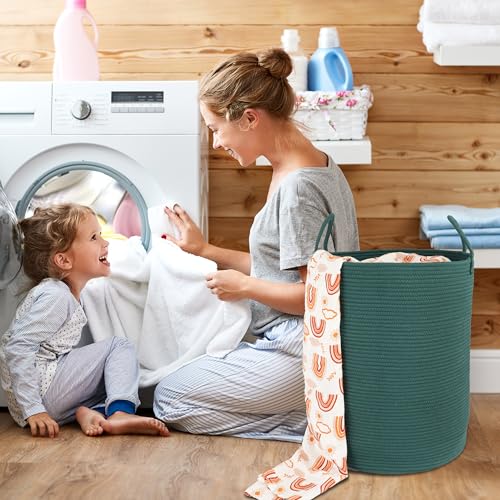 XUANGUO Cotton Rope Laundry Basket Hamper for Clothes Woven Storage Basket for Living Room Bedroom Boho Tall Rope Baskets for Blanket Toys Pillow Towels Baby Nursery Hamper Bin Large dark green - color: dark green, size: Large