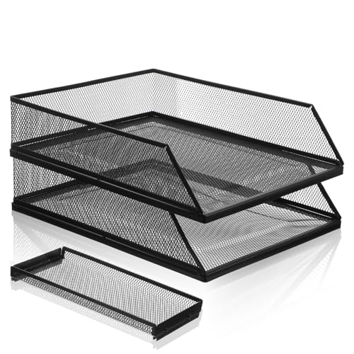 2-Tier Stackable Paper Tray Organizer with Top Tray, Metal Mesh Desktop File Holder & Document Sorter for Office, Home, Learning Places (Black)