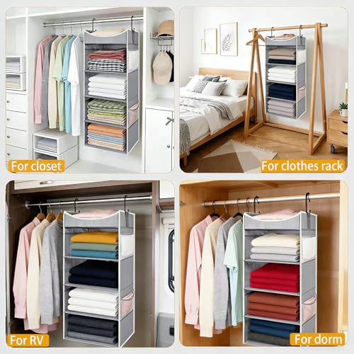 4-Shelf Hanging Closet Organizer and Storage with 4 Side Pockets, Collapsible Closet Hanging Shelves for Storage, Grey - size: 4-shelf