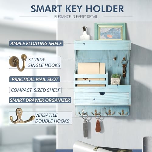 Rebee Vision Farmhouse Key Holder Wall Mount with Drawer Organizer – Pine Wooden Mail & Key Organizer with 6 Sturdy Hooks & Floating Shelf – A Perfect Touch of Style for Rustic Home Decor (Blue) - color: Blue, style: Large Drawer