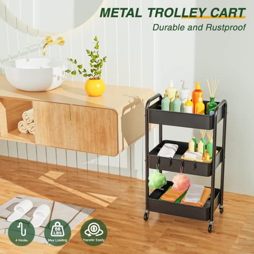 LEHOM 3 Tier Rolling Storage Cart, Metal Trolley Utility Cart with Wheels & Hooks, Easy Assembly Organizer Storage Cart for Bathroom Kitchen Office Bedroom - color: Black