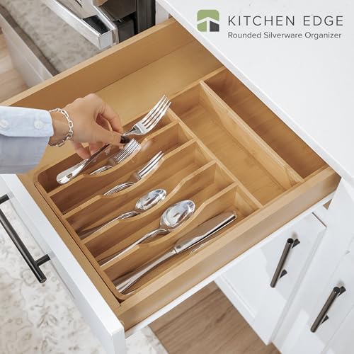 KitchenEdge Silverware Organizer - Cutlery, Flatware, and Utensil Holder for Kitchen Drawers, Fixed 10.5” Width, 7 Storage Compartments, Non-Slip Feet, Rounded Corners, 100% Bamboo - color: Natural Bamboo