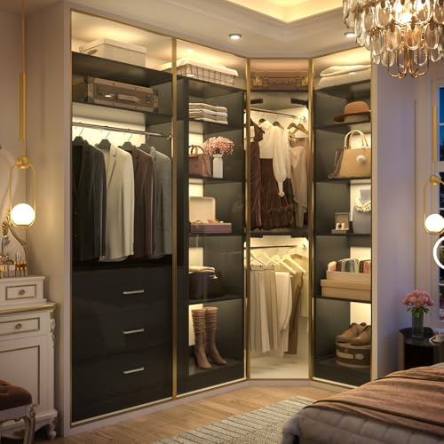 Besiost Corner Closet System with 3 Drawers, Corner Closet Organizer System with 13 Shelves & 3 Hanging Rods, 63.2"L * 39.2"W Reversible L Shaped Walk-in Closets, Load 2000+LBS, Black - color: Black, size: 39.2" * 63.2"