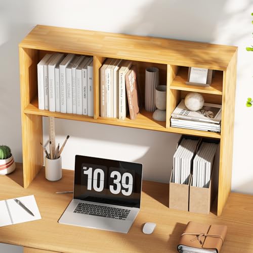 Tangkula Desktop Bookshelf, Countertop Storage Hutch with 4 Shelves for Computer Desk, Desktop 2-Tier Display Rack, Multipurpose Wood Desk Hutch Storage Organizer for Dorm Office Home - color: Burlywood, size: 4 Shelves