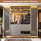 Besiost 4FT Closet Systems with 5 Wood Drawers, 48 Inch Closet Organizer System with 2 Hanging Rods & 7 Shelves, Heavy Duty 48" Walk-in Closet, Grey (48"L x 15" W x 80" H) - color: Grey