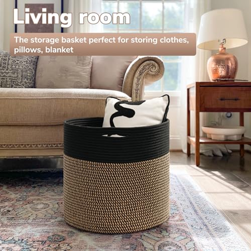 Goodpick Woven Rope Storage Basket, Blanket Basket for Towel, Shoe, Clothes, Large Toy Storage for Playroom, Living Room, Nursery, Toy Bin, Black - color: Black & Mix Jute, size: 15.8x15.8x13.8 Inch (Pack of 1)