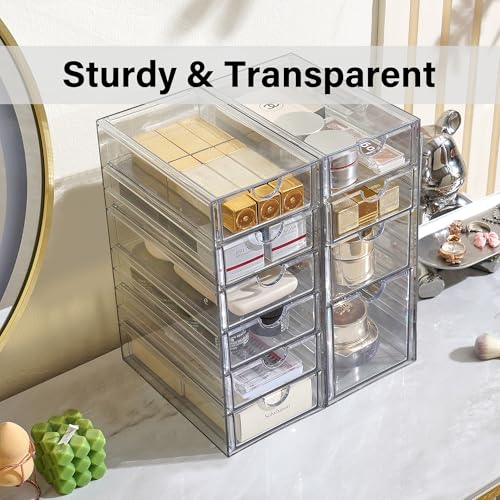 Prsildan Acrylic Drawer Makeup Organizer with 10 Drawers, Set of 2 Office Desk Organizers Accessories, Clear Stackable Storage Drawers for Vanity, Countertop, Craft, Jewelry, Art Supply Organization - style: 10 Drawers