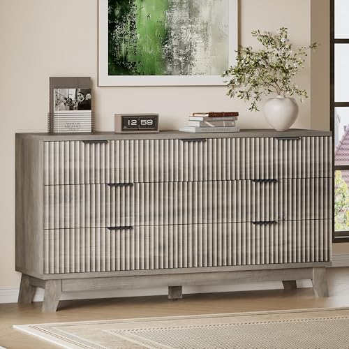 BORNOON 57" Long Dresser for Bedroom, 7-Drawer Fluted Chest, Wide Wood Storage Dresser with Metal Slides and Handles, Stable Base, Modern Clothes Organizer for Primary Suite, Guest Room, Nursery - color: Rustic Drift, size: XL 7-Drawer
