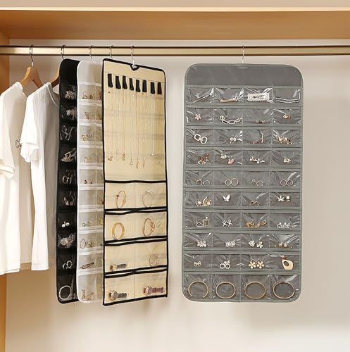 Wardrobe Jewelry Storage Bag, 15.7 Inch x 32.7 Inch 80 Pockets White Cloth Hanging Hangers Transparent Grids for Necklace Organizers (white)