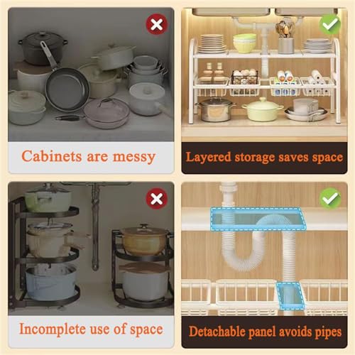 Under Sink Organizers, 2 Tier Stretchable Cabinet Shelf Organizer with 4 Removable Panels and 4 Under Shelf Basket for Under Bathroom Storage,Under Cabinet Shelves,kitchen Sink Storage Rack (white) - color: White