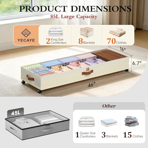 Yecaye Under Bed Storage with Wheels, 2 Pack Under Bed Storage Containers with Adjustable Dividers & Clear Window, 85L Rolling Underbed Organizer Bins Drawers for Clothes, Shoes, Blankets Toys, Beige - color: Beige, size: Extra Extra Large(2Pack)