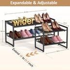 Expandable Shoe Rack, 2 Tier Adjustable Shoe Organizer with Flat & Slant Dual Use Design, Space Saving Shoes Stand for Closet & Entryway, Sturdy Dense Metal Grid Shoe Holder for High Heels, Sneakers