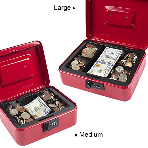 KYODOLED Medium Cash Box with Combination Lock Safe Metal Money Box with Money Tray for Security Lock Box 7.87"x 6.30"x 3.54" Red Medium - color: Red, size: Medium