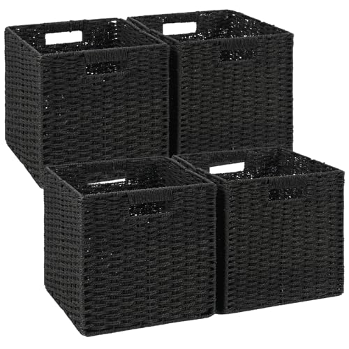Woven Wicker Storage Baskets 4-Pack, 11x11 Handwoven Paper Rope Organizer Bins, Foldable Cube Storage Cubes with Built-in Handles for Shelves and Closet Organization(Classic Black) - color: Classic Black, size: 4 Pack