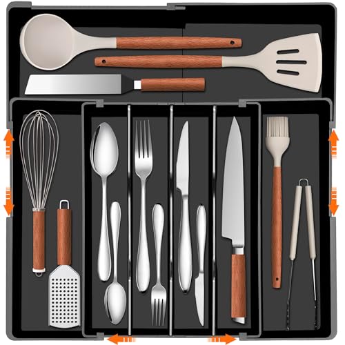 Spaclear Expandable Large Silverware Organizer - BPA-Free Food-Safe Utensil Drawer Organizer Adjustable Kitchen Drawer Organizer Flatware Cutlery Tray, Classified Storage for Spoons Forks Knives - color: Black